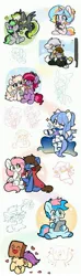 Size: 1215x4096 | Tagged: safe, artist:colorfulcolor233, derpibooru import, oc, oc:anticular, oc:bizarre song, oc:blue chewings, oc:ninny, oc:oofy colorful, oc:paper bag, oc:sugar morning, bread, cape, chicken meat, chicken nugget, clothes, cute, drawing, fake cutie mark, floating heart, flower, food, heart, image, jpeg, meat, ocbetes, rose, sparkles, toast, unshorn fetlocks