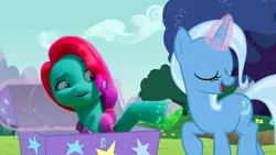 Size: 1280x720 | Tagged: safe, derpibooru import, edit, edited screencap, screencap, trixie, earth pony, pony, unicorn, my little pony: make your mark, my little pony: make your mark chapter 2, no second prances, season 6, spoiler:my little pony: make your mark, spoiler:my little pony: make your mark chapter 2, spoiler:myms01e02, chest, duo, duo female, earth pony magic, eyes closed, female, g5, glow, glowing horn, growing pains, horn, image, jazz has no ears, jazz hooves, jazz hooves is not amused, levitation, looking at something, magic, no ears, outdoors, png, raised hoof, random, silly, silly pony, telekinesis, unamused