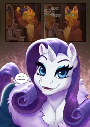 Size: 744x1052 | Tagged: safe, artist:melapraxis, derpibooru import, capper dapperpaws, rarity, abyssinian, cat, pony, unicorn, comic:come in rarity, my little pony: the movie, brushing, clothes, coat, comb, comic, female, image, klugetown, mare, mirror, onomatopoeia, png, smiling