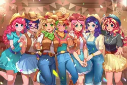 Size: 4096x2750 | Tagged: safe, artist:卯卯七, derpibooru import, applejack, fluttershy, pinkie pie, rainbow dash, rarity, sci-twi, sunset shimmer, twilight sparkle, equestria girls, equestria girls series, five to nine, belt, cider, clothes, cowboy hat, cowgirl, cowgirl outfit, farmer pinkie, hat, image, jpeg, one eye closed, party, wink