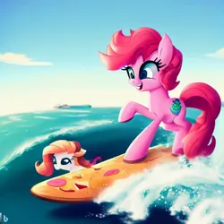 Size: 1024x1024 | Tagged: safe, derpibooru import, machine learning generated, pinkie pie, food, image, jpeg, ocean, pizza, surfing, water