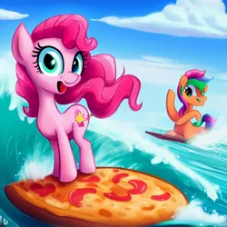 Size: 1024x1024 | Tagged: safe, derpibooru import, machine learning generated, pinkie pie, food, image, jpeg, ocean, pizza, surfing, water, what has science done