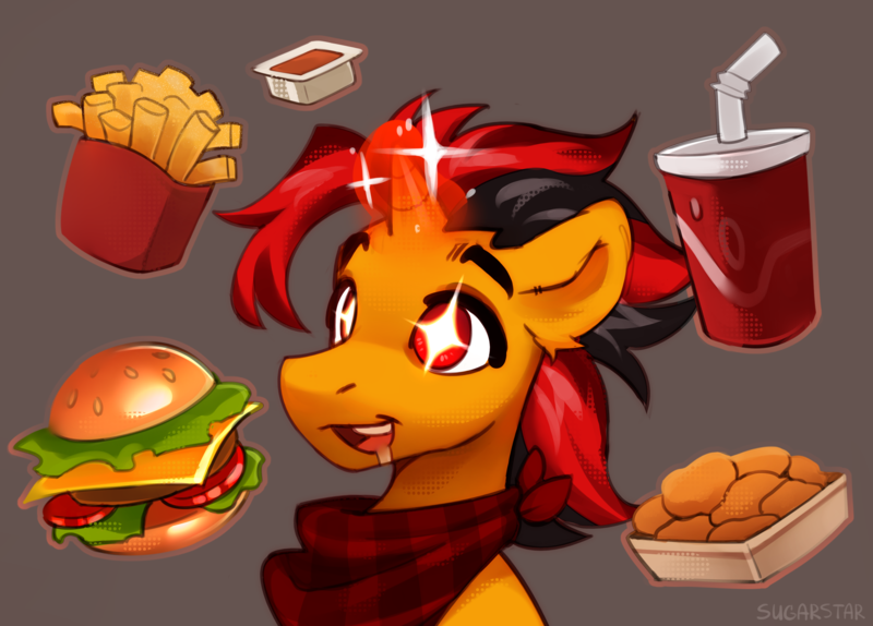 Size: 3184x2286 | Tagged: safe, artist:sugarstar, derpibooru import, oc, oc:selest light, pony, unicorn, burger, drink, drool, drool on face, food, french fries, hamburger, image, magic, png, solo, sparkles