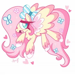 Size: 2048x2048 | Tagged: safe, artist:ammers_arts, derpibooru import, fluttershy, butterfly, insect, pegasus, pony, bow, cute, female, hair bow, heart, high res, image, jpeg, mare, open mouth, shyabetes, signature, simple background, solo, spread wings, white background, wings