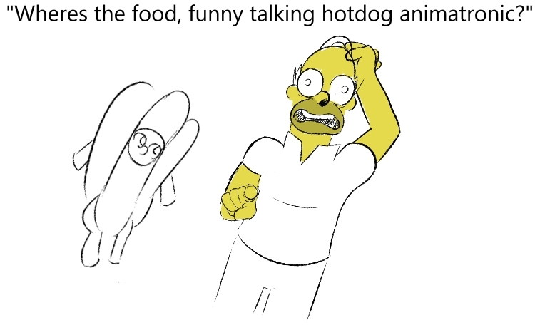 Size: 750x456 | Tagged: safe, artist:boxybrown, derpibooru import, pony, female, food, homer simpson, hot dog, image, jpeg, mare, meat, sausage, text