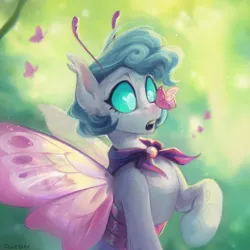 Size: 3000x3000 | Tagged: safe, artist:jewellier, derpibooru import, oc, oc:silk fly, unofficial characters only, butterfly, butterfly pony, hybrid, insect, original species, pony, :o, abstract background, butterfly on nose, cute, female, green background, image, insect on nose, mare, open mouth, png, raised hoof, simple background, solo, surprised