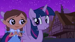 Size: 1165x655 | Tagged: safe, derpibooru import, edit, edited screencap, editor:incredibubbleirishguy, screencap, twilight sparkle, twilight sparkle (alicorn), alicorn, human, pony, magical mystery cure, beautiful, crossover, dorothy gale, duo, duo female, female, happy, heartwarming, image, looking at each other, looking at someone, magical mystery cure tenth anniversary, night, png, princess, puppy dog eyes, smiling, smiling at each other, the wizard of oz, touched
