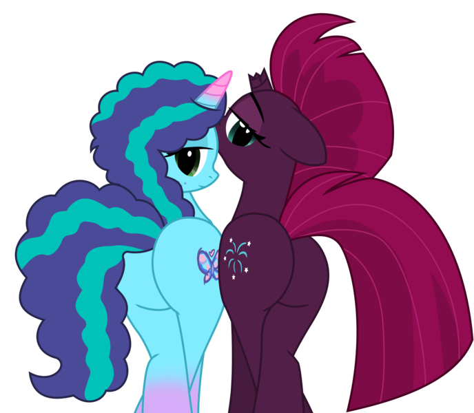 Size: 7869x6862 | Tagged: suggestive, artist:ejlightning007arts, derpibooru import, fizzlepop berrytwist, tempest shadow, pony, unicorn, g5, my little pony: make your mark, my little pony: the movie, base used, broken horn, butt, butt to butt, butt touch, coat markings, duo, eyeshadow, fake cutie mark, female, horn, image, lesbian, looking at you, looking back, looking back at you, makeup, mare, mispest, misty brightdawn, mistybutt, plot, plot pair, png, presenting, sexy, shipping, showing off, simple background, socks (coat marking), tempass, transparent background, vector