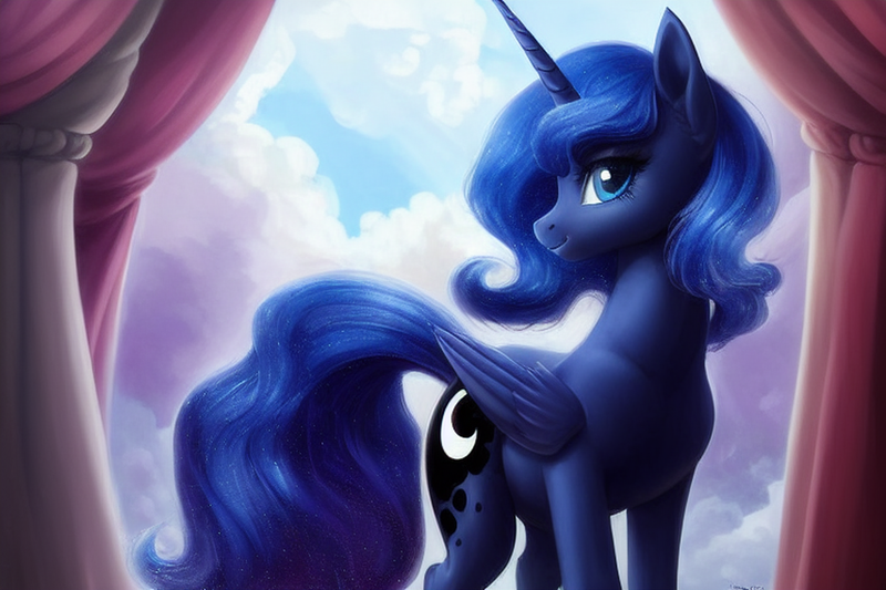 Size: 1920x1280 | Tagged: safe, derpibooru import, editor:dovakkins, machine learning generated, prompter:dovakkins, stable diffusion, princess luna, alicorn, pony, cloud, cute, derpibooru exclusive, ethereal mane, female, galaxy mane, image, looking at you, lunabetes, missing accessory, png, s1 luna, sky, smiling, smiling at you, solo, wings