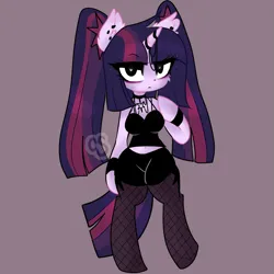 Size: 1805x1805 | Tagged: safe, artist:cutiesparke, derpibooru import, twilight sparkle, anthro, unguligrade anthro, unicorn, alternate design, alternate hairstyle, arm hooves, bracelet, breasts, choker, clothes, collar, eyelashes, eyeliner, eyeshadow, female, fishnets, horn, horn jewelry, horn ring, image, jewelry, makeup, pigtails, png, ring, shorts, simple background, solo, twintails, unicorn twilight
