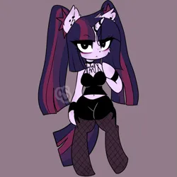 Size: 1805x1805 | Tagged: safe, alternate version, artist:cutiesparke, derpibooru import, twilight sparkle, anthro, unguligrade anthro, unicorn, alternate design, alternate hairstyle, arm hooves, bracelet, breasts, choker, clothes, collar, eyelashes, eyeliner, eyeshadow, female, fishnets, horn, horn jewelry, horn ring, image, jewelry, makeup, no shading, pigtails, png, ring, shorts, simple background, solo, twintails, unicorn twilight