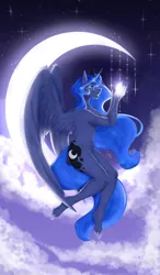 Size: 1468x2509 | Tagged: suggestive, artist:adamion, derpibooru import, princess luna, alicorn, anthro, unguligrade anthro, breasts, cloud, covered, crescent moon, crown, ears, hips, hooves, horn, image, jewelry, light, long hair, long tail, moon, nudity, pegasus wings, png, regalia, sitting, solo, spread wings, stars, tail, thighs, unicorn horn, wings