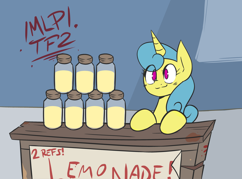 Size: 3340x2476 | Tagged: safe, derpibooru import, lemon hearts, pony, /mlp/ tf2 general, blood, image, jar, jarate, juice, lemonade, pee in container, png, sign, smiling, table, team fortress 2, text, urine
