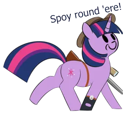 Size: 1190x1118 | Tagged: safe, derpibooru import, twilight sparkle, unicorn, /mlp/ tf2 general, australian, dialogue, gun, hat, image, png, rifle, simple background, sniper, sniper rifle, text, transparent background, twilight sniper, unicorn twilight, watch, weapon, wristwatch