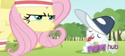 Size: 2400x1080 | Tagged: safe, derpibooru import, screencap, angel bunny, fluttershy, pegasus, pony, rabbit, hurricane fluttershy, animal, blowing whistle, coach, coach angel bunny, coaching cap, duo, eyes closed, female, image, inhaling, jpeg, male, mare, mouth hold, open mouth, rainbow dashs coaching whistle, sweatband, training, whistle, whistle necklace, whistle thief, whistling