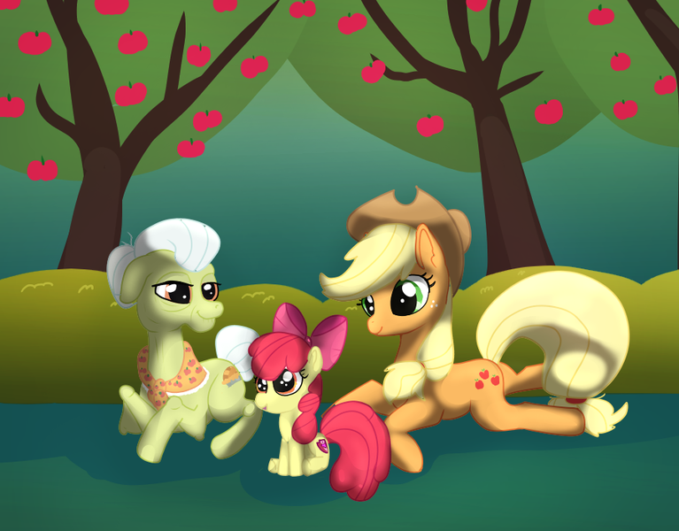 Size: 900x704 | Tagged: safe, artist:opal2023, derpibooru import, apple bloom, applejack, granny smith, earth pony, cute, family, farm, image, png