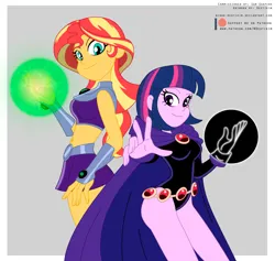 Size: 1317x1250 | Tagged: safe, artist:niban-destikim, derpibooru import, sunset shimmer, twilight sparkle, human, equestria girls, belly button, clothes, commission, crossover, dc comics, duo, duo female, female, glowing hands, image, jpeg, looking at you, raven (dc comics), smiling, smiling at you, starfire, tara strong, teen titans, voice actor joke