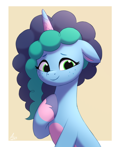Size: 900x1100 | Tagged: safe, artist:luminousdazzle, derpibooru import, pony, unicorn, g5, my little pony: make your mark, my little pony: tell your tale, female, freckles, hoof on chest, image, mare, misty brightdawn, png, simple background, smiling, solo, solo female