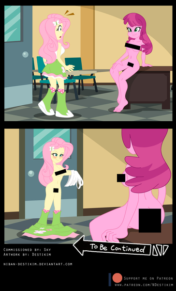 Size: 850x1400 | Tagged: suggestive, artist:niban-destikim, derpibooru import, cheerilee, fluttershy, human, equestria girls, 2 panel comic, and then sex happened, ass, belly button, breasts, butt, canterlot high, censor bar, censored, cheerishy, comic, commission, female, flowerbutt, image, imminent sex, jpeg, lesbian, nudity, private, school, shipping, sideboob, to be continued, undressed, undressing
