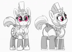 Size: 1199x866 | Tagged: safe, artist:pabbley, derpibooru import, pony, unicorn, armor, butt, clothes, cute, female, grayscale, guardsmare, helmet, image, jpeg, looking at you, mare, monochrome, panties, partial color, plot, royal guard, simple background, skirt, solo, underwear, upskirt, white background