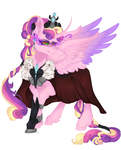 Size: 2856x3525 | Tagged: safe, artist:nightbootypaw, derpibooru import, princess cadance, alicorn, pony, clothes, corrupted, crown, curved horn, digital art, dress, evil, evil cadance, evil grin, eyeshadow, feather, female, gem, grin, high res, horn, image, jewelry, looking at you, makeup, mare, png, raised hoof, regalia, simple background, smiling, smiling at you, solo, sombra eyes, spread wings, transparent background, unshorn fetlocks, wings