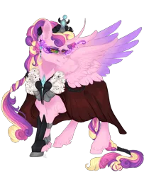 Size: 2856x3525 | Tagged: safe, artist:nightbootypaw, derpibooru import, princess cadance, alicorn, pony, clothes, corrupted, crown, curved horn, digital art, dress, evil, evil cadance, evil grin, eyeshadow, feather, female, gem, grin, high res, horn, image, jewelry, looking at you, makeup, mare, png, raised hoof, regalia, simple background, smiling, smiling at you, solo, sombra eyes, spread wings, transparent background, unshorn fetlocks, wings