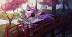 Size: 1280x673 | Tagged: safe, artist:miralichan, derpibooru import, princess cadance, alicorn, pony, armor, bridge, digital art, female, flowing mane, flowing tail, folded wings, forest, hoof shoes, horn, image, jpeg, leaf, lidded eyes, mare, pink eyes, raised hoof, river, rock, sky, solo, sunlight, tail, tree, walking, water, wind, windswept mane, wings