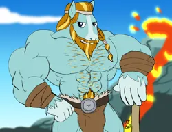 Size: 990x765 | Tagged: suggestive, artist:caseyljones, derpibooru import, rockhoof, anthro, earth pony, abs, buff, chest hair, image, jpeg, lava, male, muscles, muscular male, solo, solo male, volcano