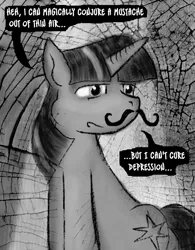 Size: 625x800 | Tagged: safe, artist:owlor, derpibooru import, twilight sparkle, pony, fake moustache, image, monochrome, png, solo