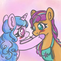 Size: 2160x2160 | Tagged: safe, artist:limitmj, derpibooru import, izzy moonbow, sunny starscout, earth pony, pony, unicorn, blushing, female, g5, heart, heart eyes, image, izzyscout, lesbian, mare, pink background, png, shipping, simple background, squishy cheeks, wingding eyes