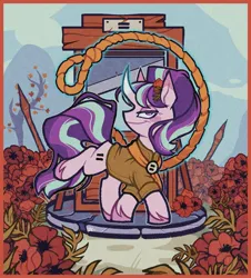 Size: 1723x1908 | Tagged: safe, artist:disaterror, derpibooru import, starlight glimmer, pony, unicorn, curved horn, equal cutie mark, female, guillotine, horn, image, jpeg, noose, s5 starlight, solo