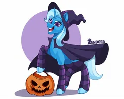 Size: 2048x1638 | Tagged: safe, artist:zendora, derpibooru import, trixie, pony, unicorn, abstract background, cape, clothes, female, hat, image, jpeg, mare, pumpkin bucket, simple background, smiling, solo, white background, wizard hat