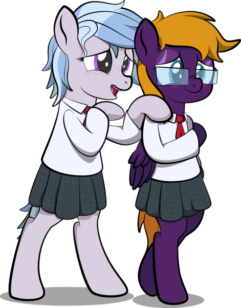 Size: 1280x1629 | Tagged: safe, artist:alexdti, derpibooru import, oc, oc:purple creativity, oc:winter azure, earth pony, pegasus, pony, bipedal, braces, clothes, crossdressing, femboy, image, male, png, school uniform, simple background, transparent background