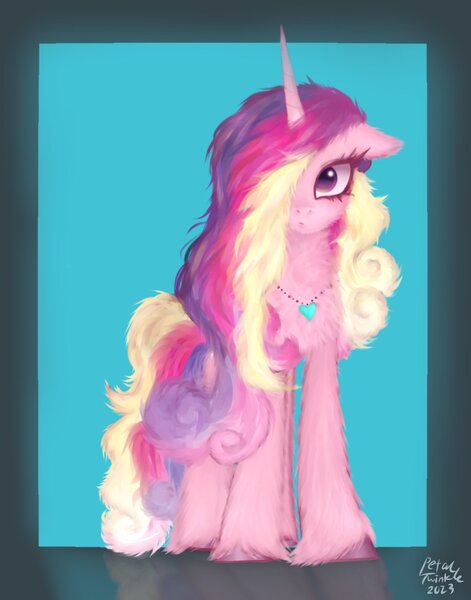 Size: 1074x1368 | Tagged: safe, artist:petaltwinkle, derpibooru import, princess cadance, alicorn, pony, blue background, fluffy, image, jewelry, jpeg, looking at you, necklace, simple background, solo, unshorn fetlocks