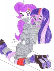 Size: 781x1024 | Tagged: safe, artist:godzilla713, derpibooru import, rarity, twilight sparkle, human, equestria girls, bondage, clothes, drawing, gag, image, jpeg, legs, mummification, mummified, shoes, simple background, tape, tape gag, white background