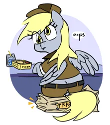 Size: 666x754 | Tagged: safe, artist:jargon scott, derpibooru import, derpy hooves, pegasus, pony, bubble butt, butt, butt crack, caprisun, female, fragile, image, looking back, lunchables, mailmare, mailmare uniform, mare, oops, package, plot, png, simple background, sitting, solo, white background
