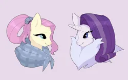 Size: 1280x798 | Tagged: safe, artist:deadgirliee, derpibooru import, fluttershy, rarity, pegasus, pony, unicorn, alternate hairstyle, bust, duo, female, fur collar, gray background, image, looking at each other, looking at someone, mare, older, older fluttershy, older rarity, png, shawl, simple background