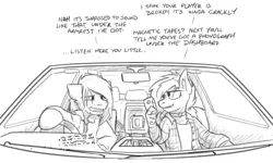Size: 5000x3000 | Tagged: safe, artist:captainhoers, derpibooru import, oc, unofficial characters only, earth pony, hippogriff, hybrid, pony, car, choker, compact cassette, dialogue, driving, duo, eyebrow piercing, female, grayscale, hippogriff oc, image, jpeg, male, mare, monochrome, piercing, simple background, stallion, walkman, white background