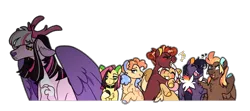 Size: 2598x1155 | Tagged: safe, artist:queerhorses, derpibooru import, oc, oc:butterscotch, oc:cherry-changa cheese, oc:dappled amber, oc:hawkeye, oc:nutter-butter pie, oc:owlet, oc:sparkler, unofficial characters only, draconequus, earth pony, hybrid, pegasus, pony, chest fluff, choker, draconequus oc, emanata, eyes closed, female, grin, hug, image, interspecies offspring, magical lesbian spawn, male, mare, offspring, open mouth, open smile, outline, parent:applejack, parent:bulk biceps, parent:cheese sandwich, parent:discord, parent:dumbbell, parent:fluttershy, parent:pinkie pie, parent:princess skystar, parent:rainbow dash, parent:rarity, parent:twilight sparkle, parents:cheesepie, parents:discolight, parents:dumbdash, parents:flutterbulk, parents:rarijack, png, simple background, smiling, stallion, transparent background, white outline