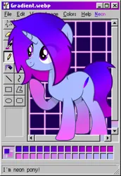 Size: 2751x4000 | Tagged: safe, artist:blacksmile, artist:equestrian_pony, derpibooru import, oc, oc:gradient, unofficial characters only, pony, unicorn, gradient, gradient hooves, gradient mane, gradient tail, image, microsoft, microsoft windows, ms paint, neon, png, retrowave, solo, tail, windows, windows 98