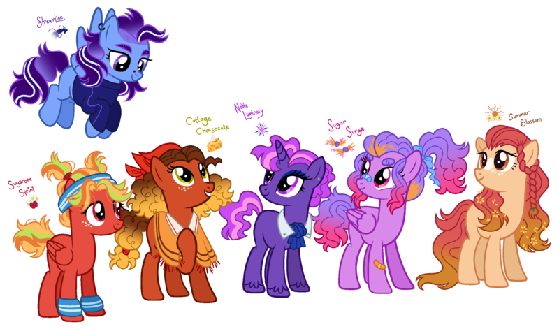 Size: 2768x1630 | Tagged: safe, artist:fizzmitz, derpibooru import, oc, oc:cottage cheesecake, oc:noble luminary, oc:streamline, oc:sugar surge, oc:sugarbee sprint, oc:summer blossom, unofficial characters only, earth pony, pegasus, pony, unicorn, bandaid, bandaid on nose, base used, clothes, female, flower, flower in hair, freckles, headband, image, mare, necktie, offspring, parent:applejack, parent:big macintosh, parent:cheese sandwich, parent:fancypants, parent:flash sentry, parent:fluttershy, parent:pinkie pie, parent:rainbow dash, parent:rarity, parent:soarin', parent:trouble shoes, parent:troubleshoes clyde, parent:twilight sparkle, parents:cheesejack, parents:pinkiesentry, parents:rainbowmac, parents:soarity, parents:troubleshy, parents:twipants, png, poncho, simple background, sweatband, sweater, transparent background