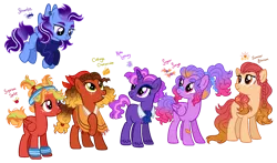 Size: 2768x1630 | Tagged: safe, artist:fizzmitz, derpibooru import, oc, oc:cottage cheesecake, oc:noble luminary, oc:streamline, oc:sugar surge, oc:sugarbee sprint, oc:summer blossom, unofficial characters only, earth pony, pegasus, pony, unicorn, bandaid, bandaid on nose, base used, clothes, female, flower, flower in hair, freckles, headband, image, mare, necktie, offspring, parent:applejack, parent:big macintosh, parent:cheese sandwich, parent:fancypants, parent:flash sentry, parent:fluttershy, parent:pinkie pie, parent:rainbow dash, parent:rarity, parent:soarin', parent:trouble shoes, parent:troubleshoes clyde, parent:twilight sparkle, parents:cheesejack, parents:pinkiesentry, parents:rainbowmac, parents:soarity, parents:troubleshy, parents:twipants, png, poncho, simple background, sweatband, sweater, transparent background