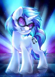 Size: 2480x3507 | Tagged: safe, artist:tokokami, derpibooru import, vinyl scratch, pony, unicorn, female, glasses, grin, high res, image, lidded eyes, looking at you, mare, png, smiling, solo, stage, unshorn fetlocks
