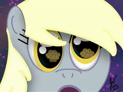 Size: 2160x1620 | Tagged: safe, artist:jesslmc16, derpibooru import, derpy hooves, pegasus, pony, big eyes, bust, derp, ears, eye reflection, female, food, gray coat, image, jpeg, mare, muffin, open mouth, portrait, reflection, signature, starry night