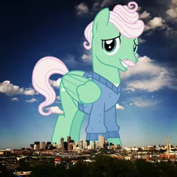 Size: 1600x1600 | Tagged: safe, artist:cheezedoodle96, derpibooru import, edit, editor:jaredking779, gentle breeze, pegasus, pony, clothes, colorado, denver, facial hair, folded wings, giant pony, grin, highrise ponies, image, irl, jpeg, looking at you, macro, male, moustache, photo, ponies in real life, smiling, solo, stallion, sweater, wings