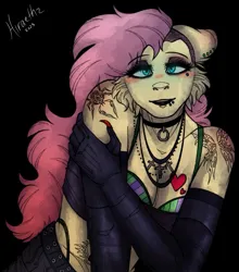 Size: 883x1005 | Tagged: safe, artist:tondrawfreeze, derpibooru import, fluttershy, anthro, pony, black background, black eyeshadow, black lipstick, blushing, bra, breasts, busty fluttershy, cheek fluff, choker, cleavage, clothes, cross, cross necklace, ear piercing, earring, eyeshadow, female, gloves, image, jewelry, jpeg, lipstick, long gloves, looking at you, makeup, mare, necklace, piercing, simple background, solo, tattoo, underwear