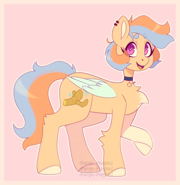 Size: 3455x3544 | Tagged: safe, artist:angie imagines, derpibooru import, oc, oc:cool ginger, unofficial characters only, pegasus, pony, beanbrows, chest fluff, choker, colored wings, ear piercing, earring, eyebrows, femboy, fluffy, heart, heart eyes, image, jewelry, jpeg, male, multicolored hair, nonbinary, pegasus oc, piercing, pink background, pink eyes, simple background, solo, transgender, wingding eyes, wings