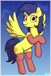 Size: 1652x2448 | Tagged: safe, artist:heretichesh, derpibooru import, oc, oc:mixi creamstar, unofficial characters only, pegasus, pony, clothes, constellation, image, jpeg, looking at you, male, signature, smiling, smiling at you, socks, solo, spread wings, stallion, stars, stockings, thigh highs, wings