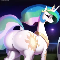 Size: 640x640 | Tagged: suggestive, derpibooru import, machine learning generated, princess celestia, pony, unicorn, alternative cutie mark placement, butt, dock, image, large butt, looking at you, looking back, looking back at you, png, sunbutt, tail, wingless