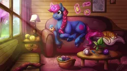 Size: 3840x2160 | Tagged: safe, artist:lupiarts, derpibooru import, oc, oc:woodiewool, unofficial characters only, armadillo, cat, unicorn, autumn, comforting, comfy, commission, couch, crochet, cup, digital art, drawing, female, house, illustration, image, jpeg, levitation, magic, rain, seasons, solo, solo female, spring, summer, teacup, telekinesis, video, winter